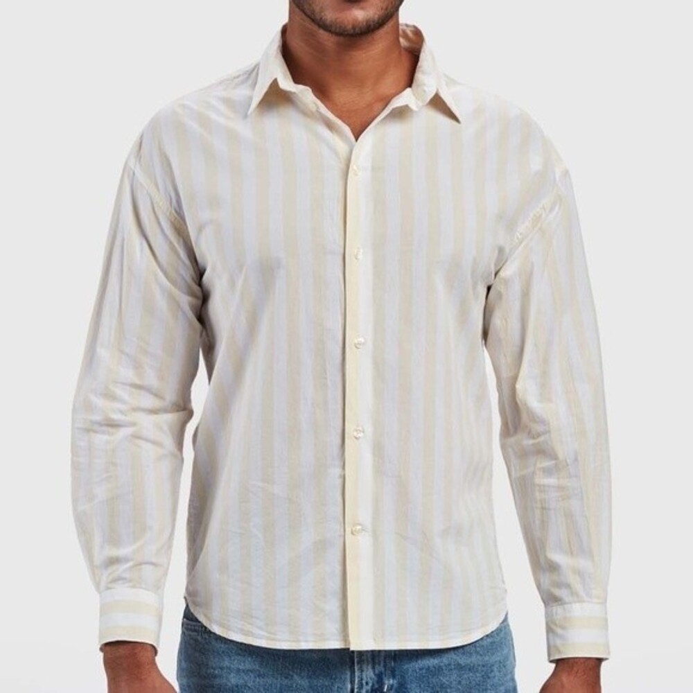 bamboo beige strip button up shirt size L
